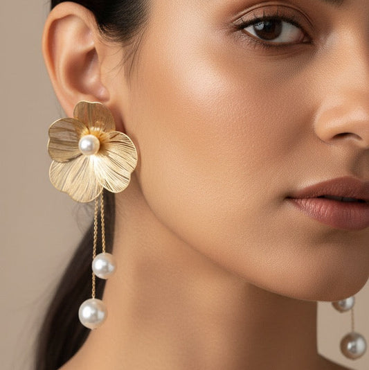 Anti Tarnish Premium Gold Plated Flower Pearl Drop Earrings