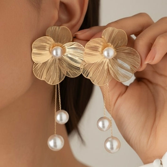 Anti Tarnish Premium Gold Plated Flower Pearl Drop Earrings